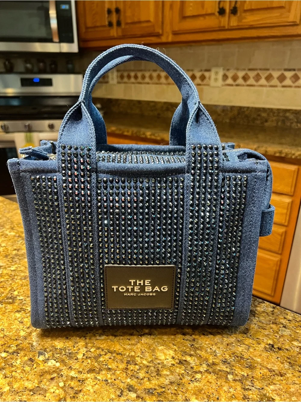 Marc Jacobs Denim Mini Tote with Black Crystal Studs - Blue